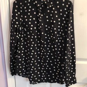 black button down with white polka dots